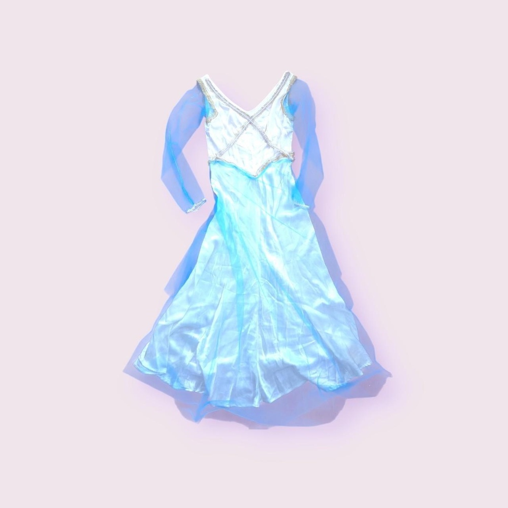 medieval Renaissance blue and white tulle dress with gold trim
